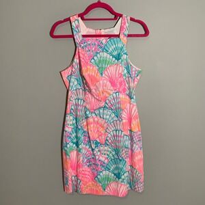 Lilly Pulitzer Shell Print Halter Dress Gold Zipper Pink Blue Green Size 6